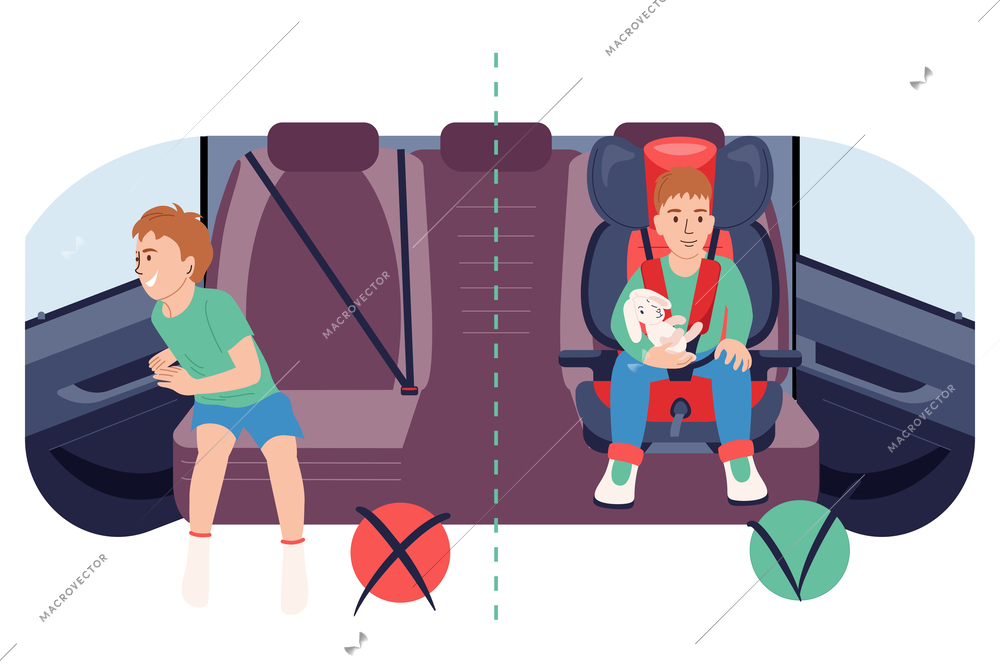 Children car seat flat composition showing backseat with two boys unfastened with false and true symbols vector illustration