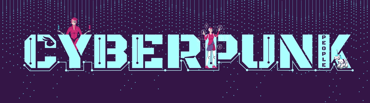 Cyberpunk people flat header with big letters and small human characters using futuristic technologies vector illustration