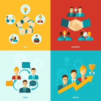 Teamwork design concept set with task contract team results flat icons isolated vector illustration