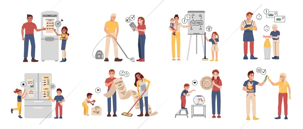 Families using various ideas to make lists of household chores flat set isolated vector illustration