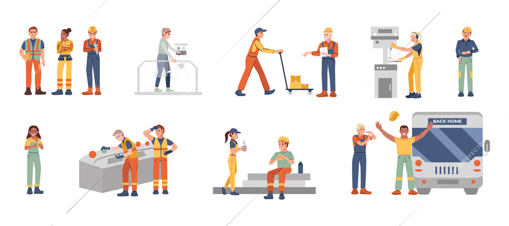 Flat set of male and female factory workers in uniform isolated vector illustration