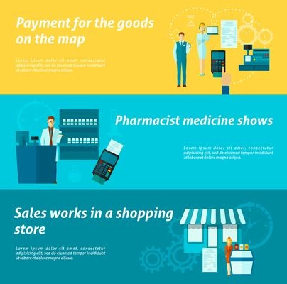 Salesmen horizontal banner set with shopping seller work elements isolated vector illustration