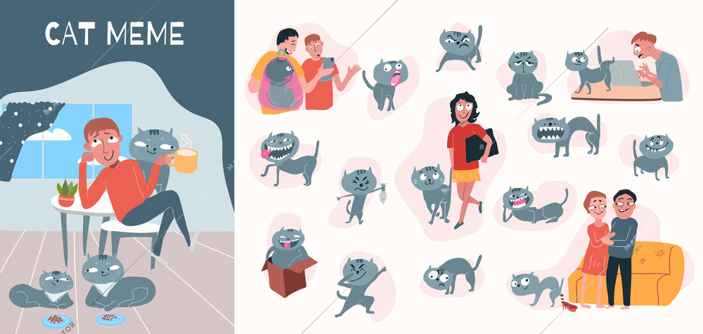 Troll faces cat set of flat compositions with cartoon style pets and people in various situations vector illustration
