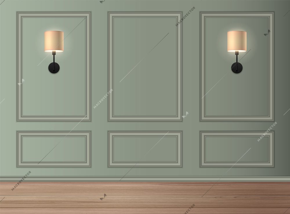 Realistic classic interior with two glowing modern lamps on wall vector illustration