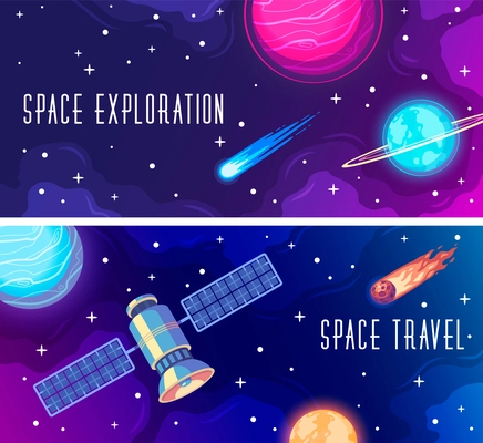 Space exploration horizontal banners set with satellite and celestial bodies cartoon isolated vector illustration