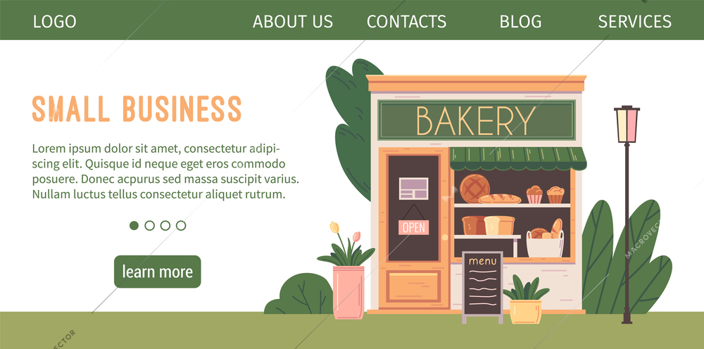 Small business horizontal website banner with facade of bakery building flat vector illustration