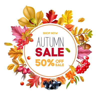 Autumn sale realistic round frame consisting of golden red and orange colored leaves and berries vector illustration