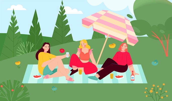 Barbecue flat illustration with three young girls having picnic on grass outdoors illustration