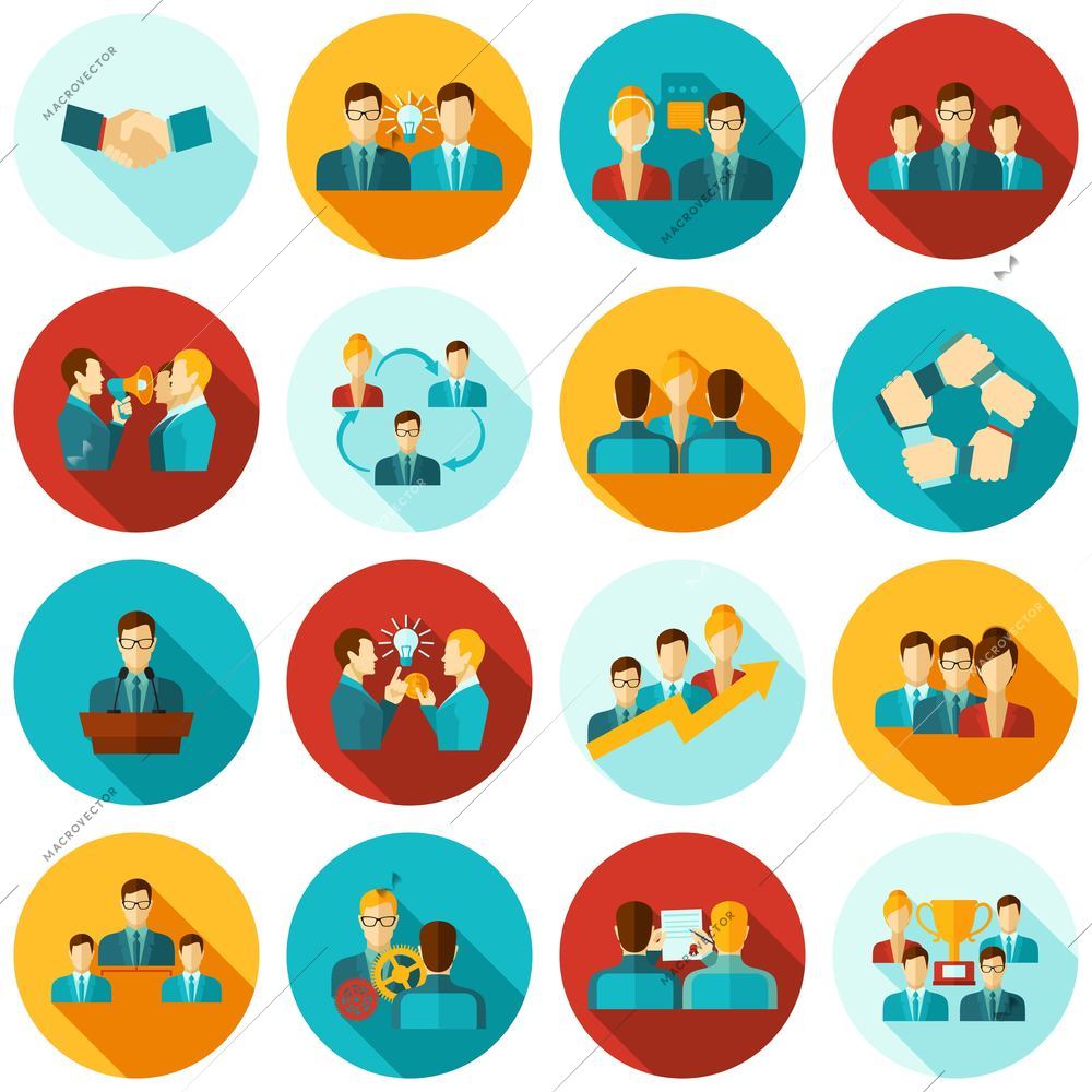 Teamwork business workgroups communication icons flat set isolated vector illustration