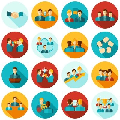 Teamwork business workgroups communication icons flat set isolated vector illustration