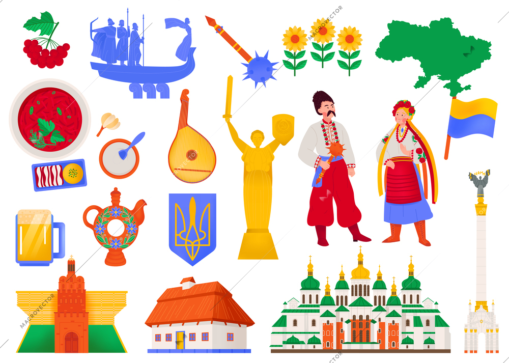 Ukraine flat icons set depicting history cuisine national traditions orthodox monuments of architecture isolated vector illustration