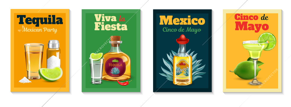 Tequila realistic poster set with captions viva fiesta and mexico isolated isolated vector illustration