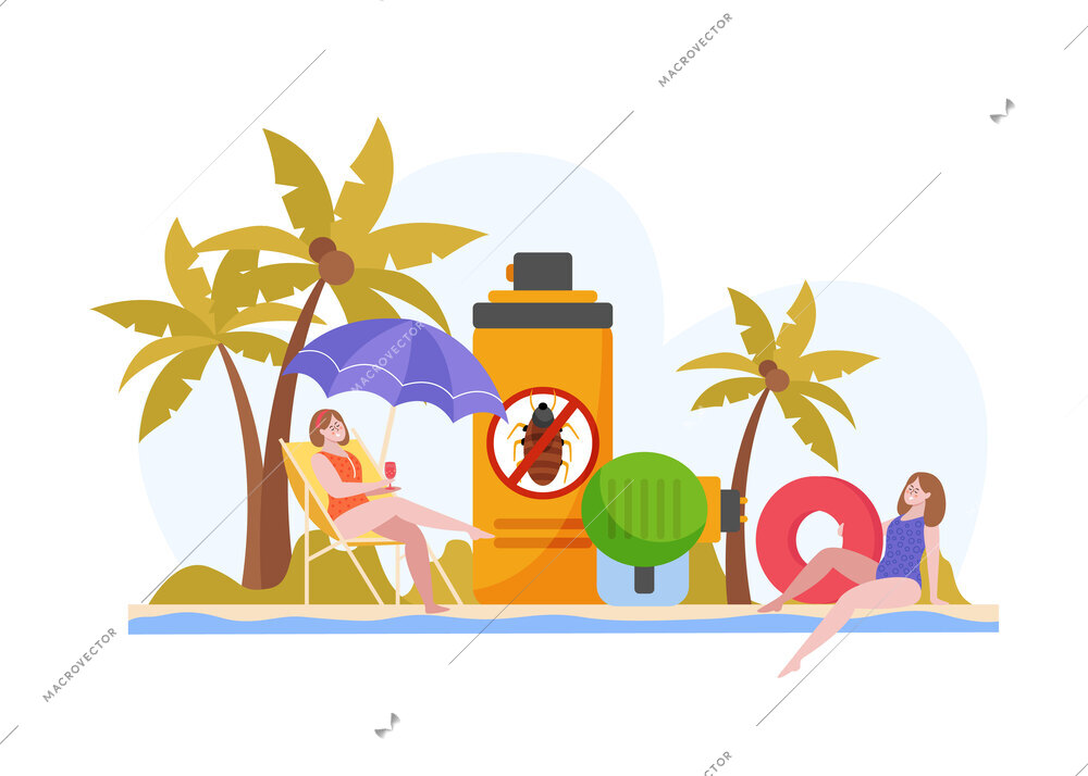 Repellents flat composition with isolated view of beach coastline with girl characters and rejectant spray can vector illustration