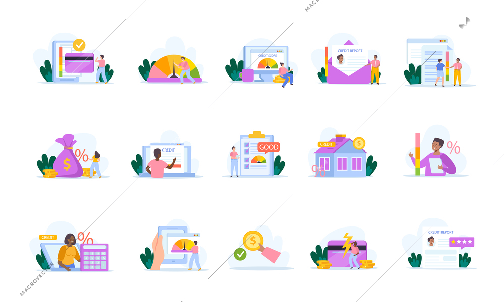 Credit score set of flat isolated icons on blank background with financial symbols people and money vector illustration
