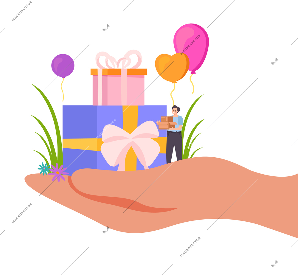 People with boxes flat composition with blank background and view of human hand with gifts balloons vector illustration