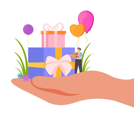 People with boxes flat composition with blank background and view of human hand with gifts balloons vector illustration