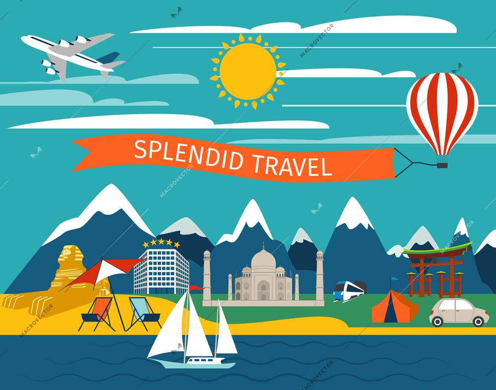 Splendid travel background with journey transport and world landmarks vector illustration