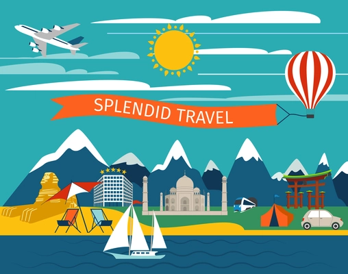 Splendid travel background with journey transport and world landmarks vector illustration