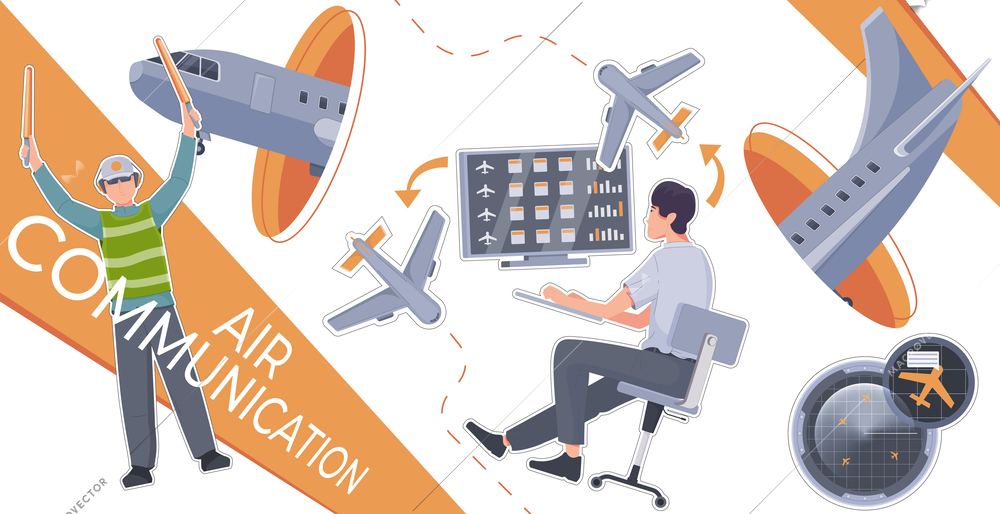 Air traffic control collage in flat style with characters of controller and marshaller and airplanes vector illustration