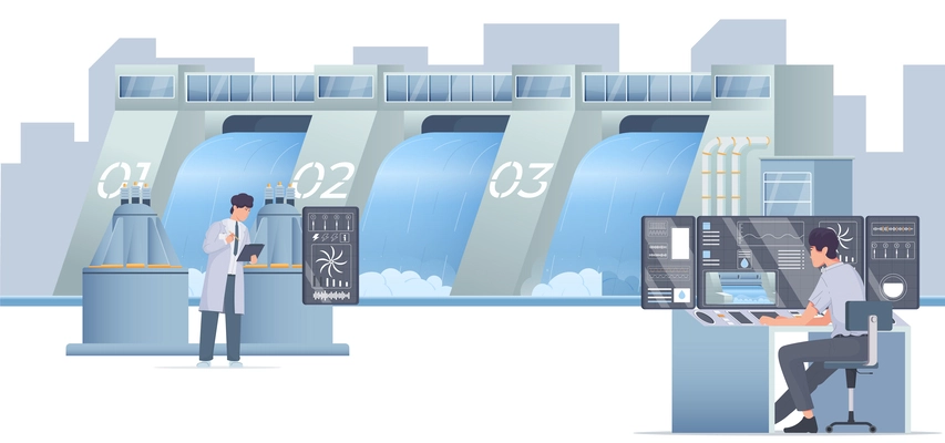 People monitoring work of hydro power station with dam in background flat vector illustration