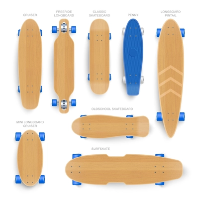 Realistic skate board set of isolated top view images with text captions for different skateboard types vector illustration