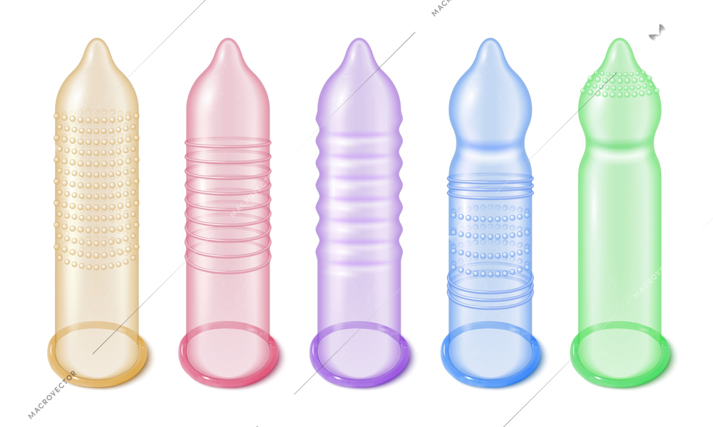 Set with isolated realistic images of condoms with rainbow colors and ribbed surface on blank background vector illustration