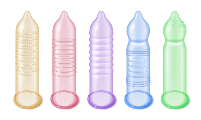 Set with isolated realistic images of condoms with rainbow colors and ribbed surface on blank background vector illustration