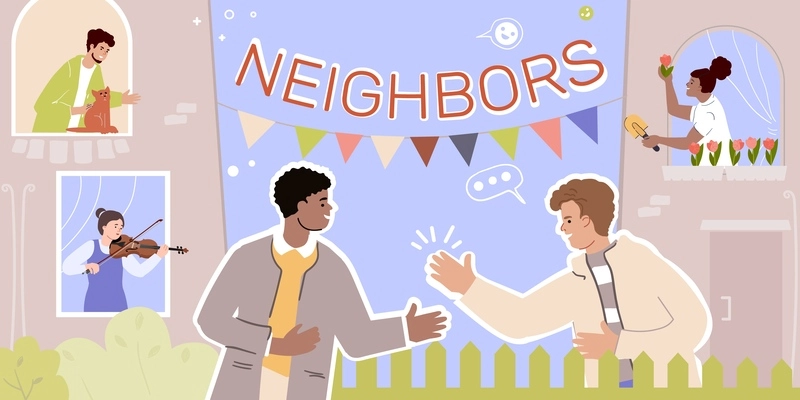 Neighbor people composition with collage of flat icons thought bubbles reactions text and people in windows vector illustration