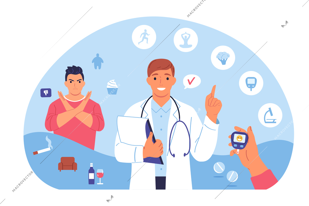 Diabetes composition with doodle characters of patient and doctor surrounded by round icons of precaution items vector illustration