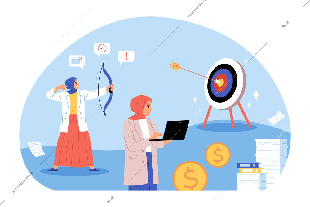Muslim businesswomen composition with view of coins and women in hijab hitting target working with laptop vector illustration