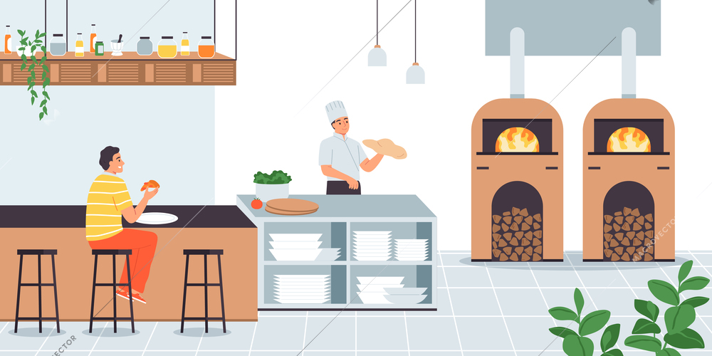 Cooks composition with indoor view of restaurant with client at bar stand and cook baked bread vector illustration