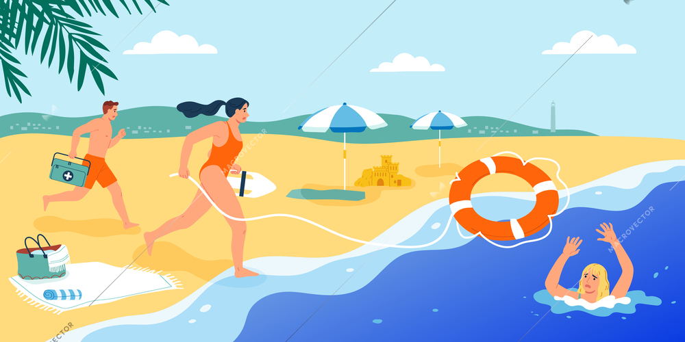 Lifeguards composition with doodle characters of man and woman running on beach to rescue sinking person vector illustration