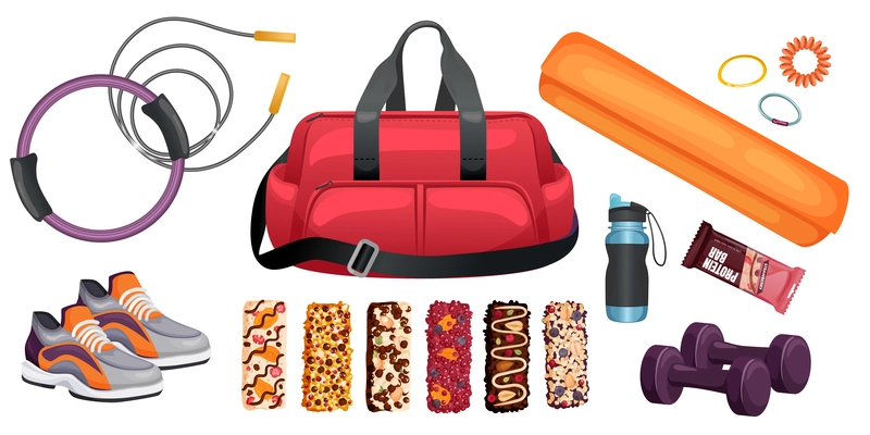 Healthy fitness set with isolated icons of sport equipment with bag sneakers and granola protein bars vector illustration