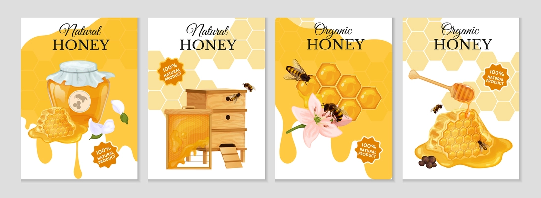 Set with four isolated vertical honey posters with ornate text and images of bees and comb vector illustration