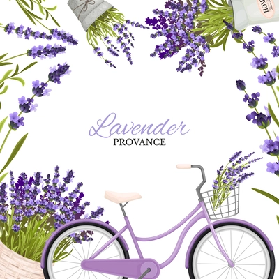 Lavender frame composition with ornate text surrounded by bunches of violet flowers and purple bicycle image vector illustration