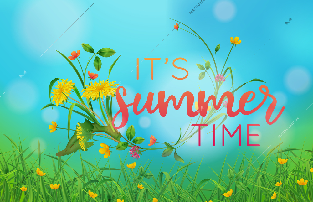 Summer time realistic poster with green grass and wild flowers at blue sky background vector illustration