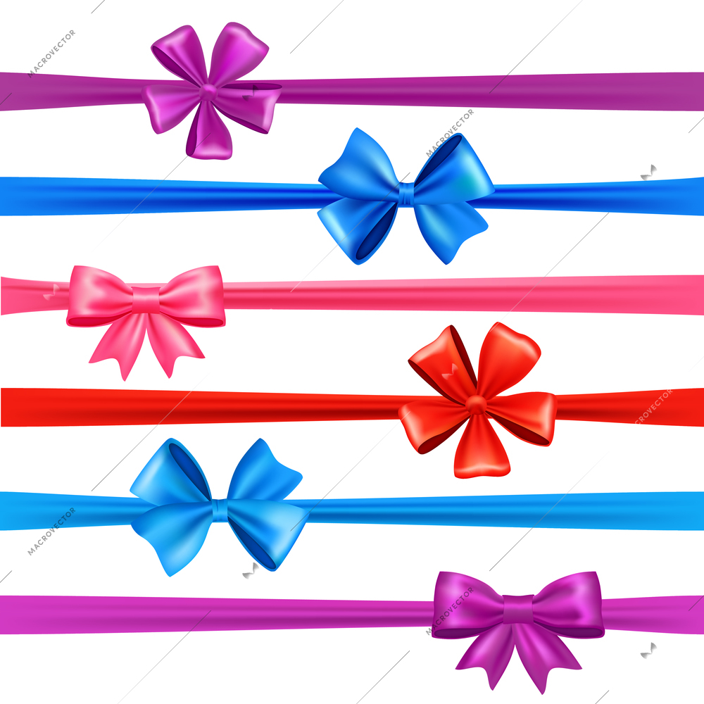 Realistic multicolored sil bows and gift ribbons set isolated vector illustration