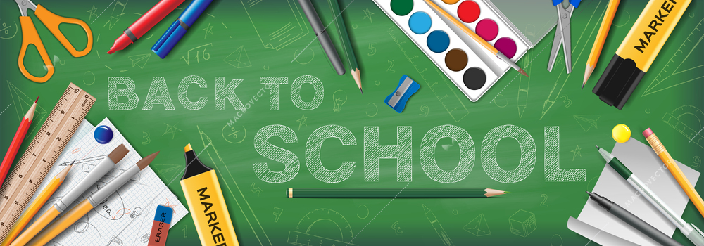 Back to school green chalkboard banner with pens pencils markers watercolor paints and stationery  realistic vector illustration