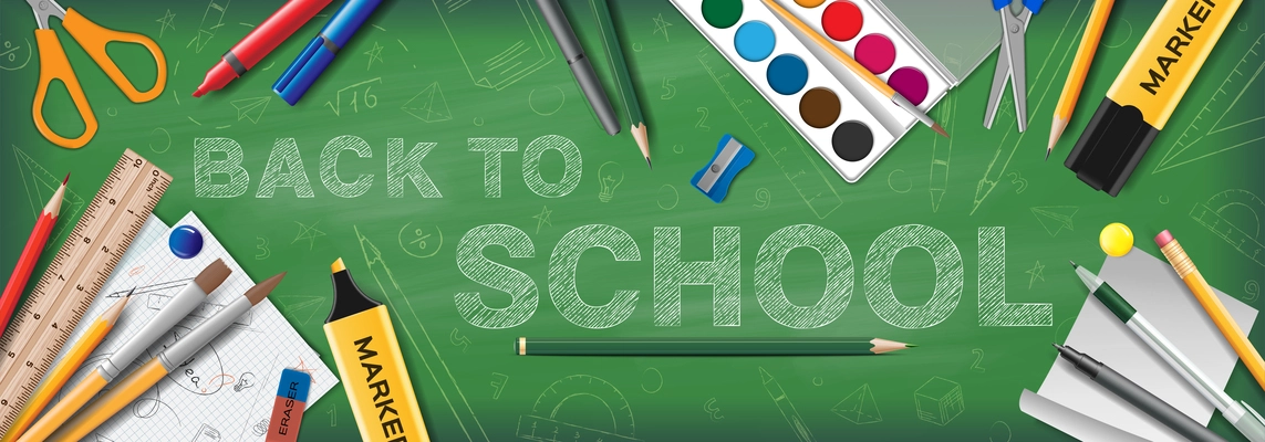 Back to school green chalkboard banner with pens pencils markers watercolor paints and stationery  realistic vector illustration