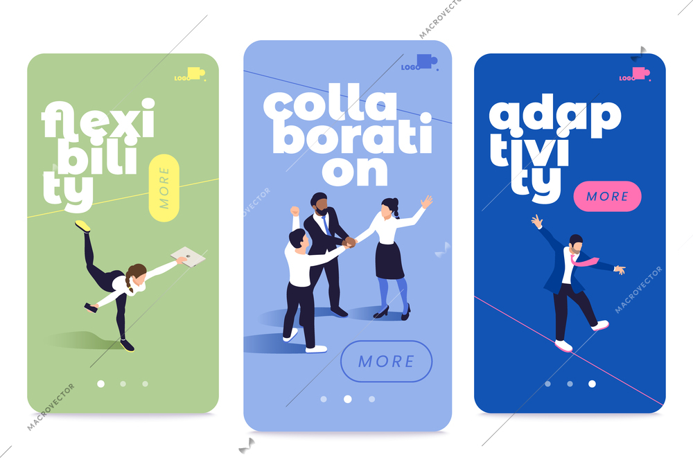 Flexibility collaboration adaptivity soft skills vertical conceptual banners set isometric isolated vector illustration