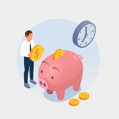 Business investment isometric concept with man putting money into piggy bank vector illustration