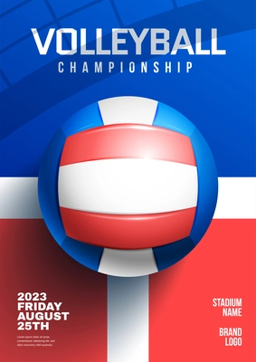 Volleyball championship match advertisement realistic vertical poster with ball in blue white and red colors vector illustration