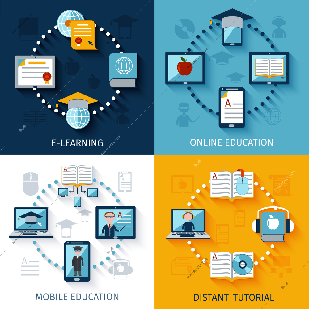 E-learning design concept set with online mobile eduation distant tutorial flat icons isolated vector illustration