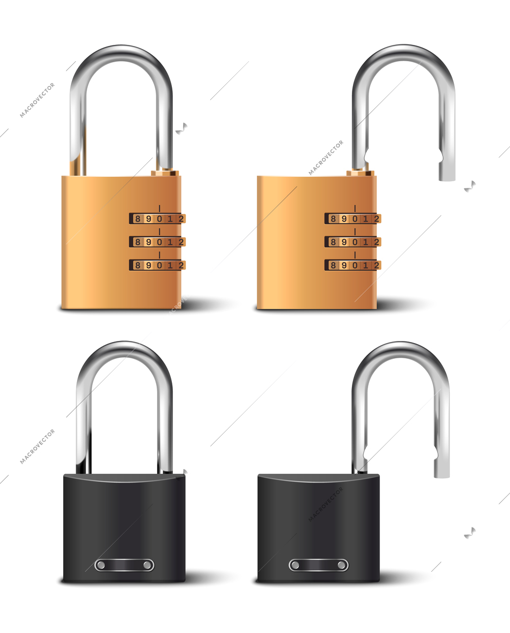Locks and code padlocks realistic icons set isolated vector illustration