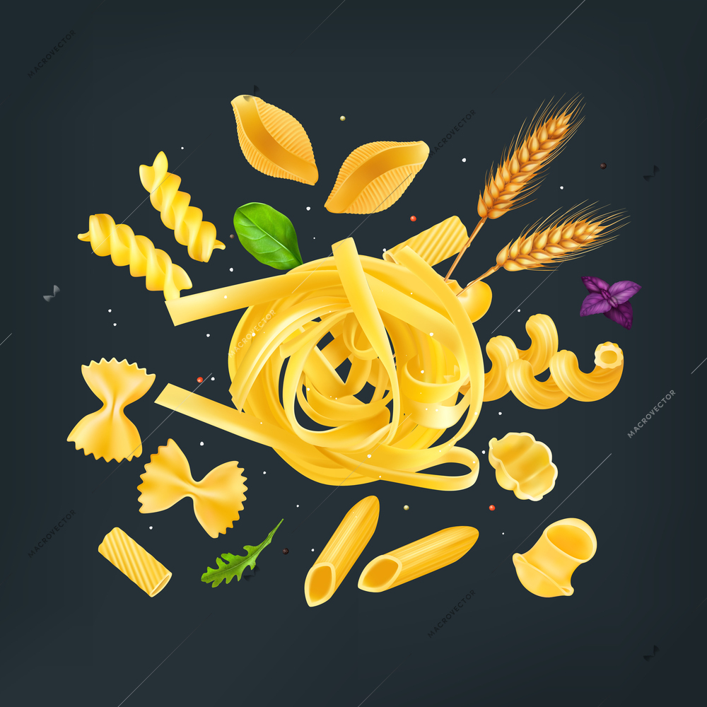 Wheat italian pasta composition with farfalle tagliatelle gnocchi rigatoni fusulli and herbs on black background realistic vector illustration