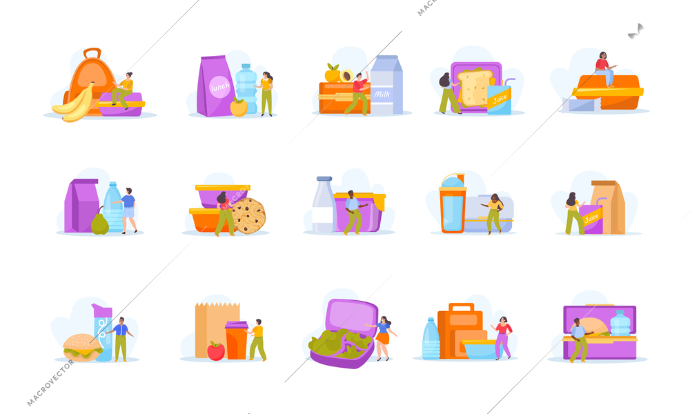 Lunch box set of flat isolated compositions with blank background people and icons of food containers vector illustration