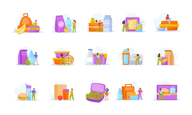 Lunch box set of flat isolated compositions with blank background people and icons of food containers vector illustration