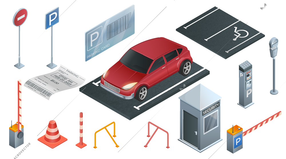 Parking realistic set with car in parking lot tickets and elements of automatic parking assistant technology isolated vector illustration