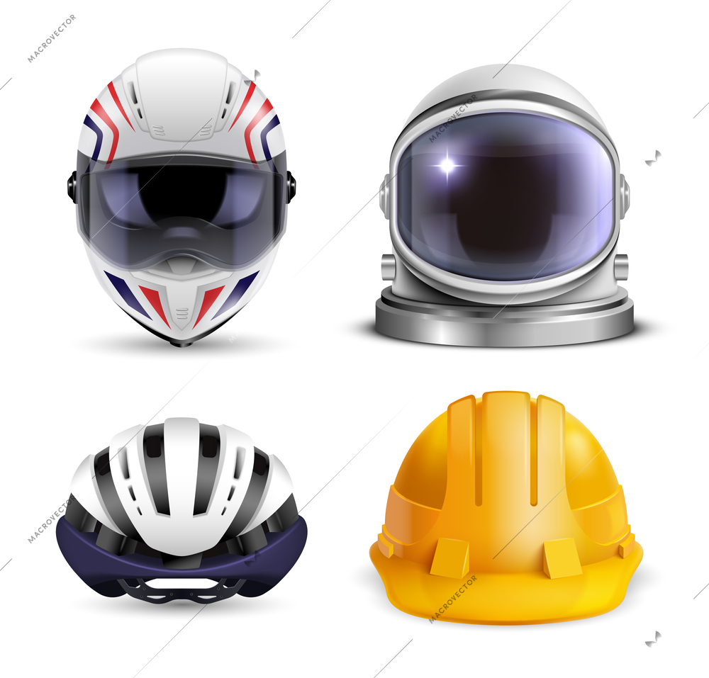 Realistic helmet set with four isolated images of construction hard hat bicycle motorbike and spacesuit helmets vector illustration