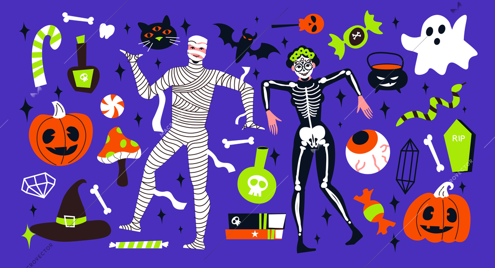 Halloween big set of flat icons with skeleton mummy jack o lanterns ghosts sweets bat witch hat isolated on blue background vector illustration